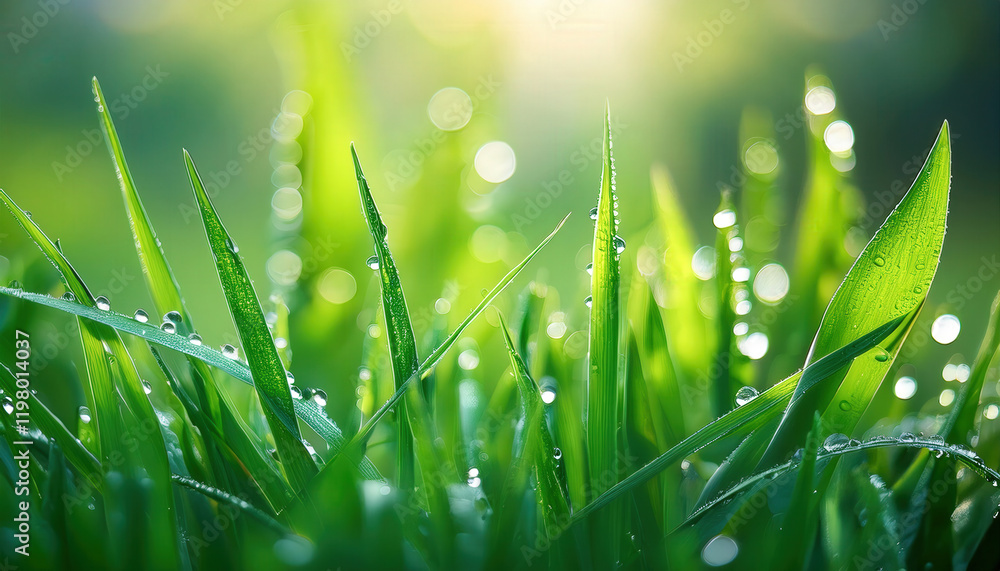Fototapeta premium A close-up of morning dew on fresh green grass blades, glistening in the soft morning light. The blurred background creates a peaceful, natural atmosphere, perfect for spring-themed visuals.