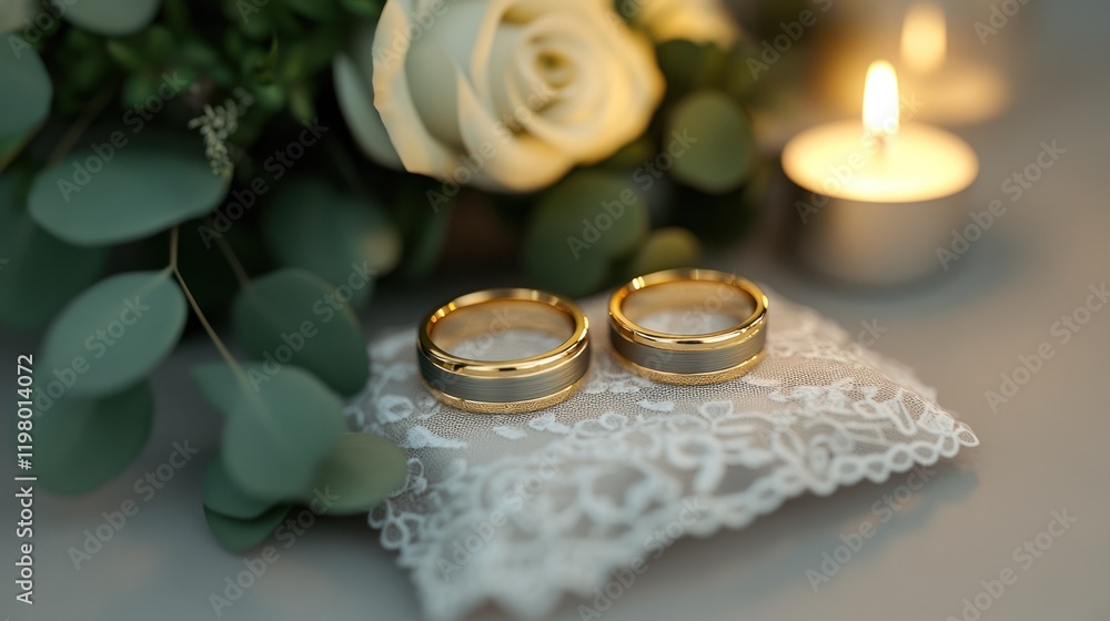 Two gold wedding rings resting on a lace pillow beside a white rose and a lit candle. Generative AI Two gold wedding rings resting on a lace pillow beside a white rose and a lit candle. Generative AI
