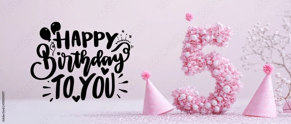 Naklejka premium Happy 5th Birthday Festive Pink Celebration with Party Hats and Number Five