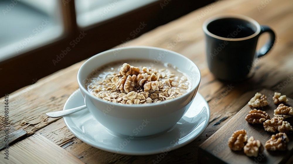A bowl of oatmeal sits on a table near a cup of coffee and chopped walnuts A bowl of oatmeal sits on a table near a cup of coffee and chopped walnuts