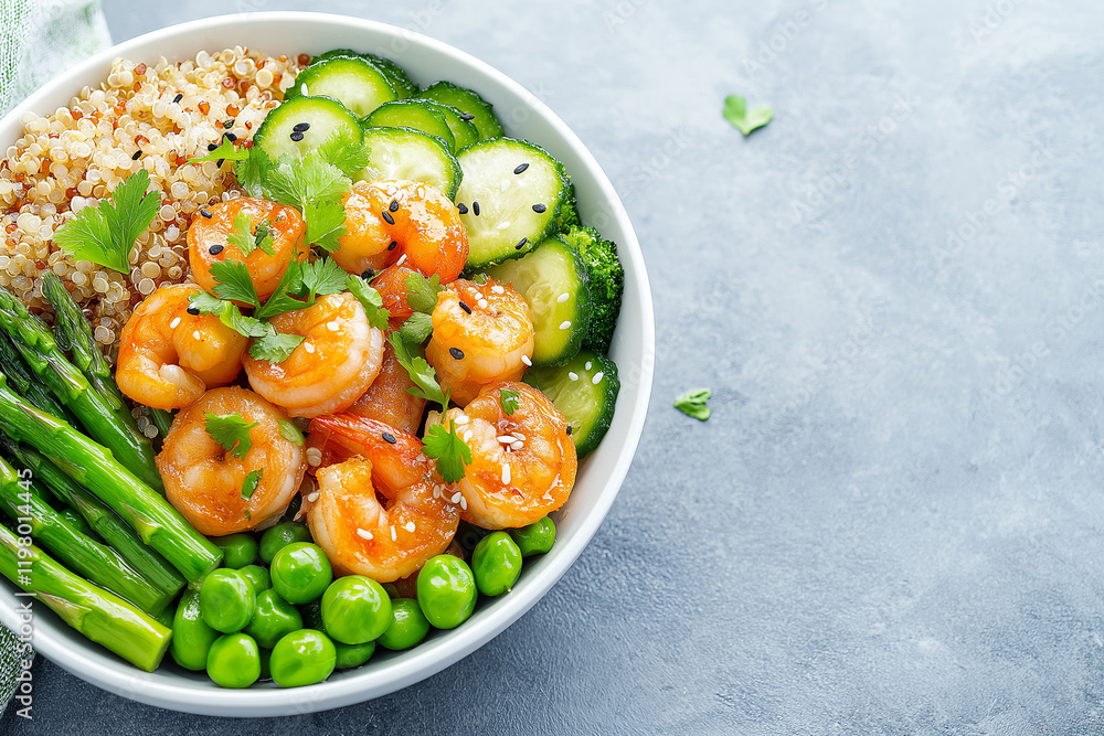 A bowl of food with shrimp, broccoli, and peas A bowl of food with shrimp, broccoli, and peas