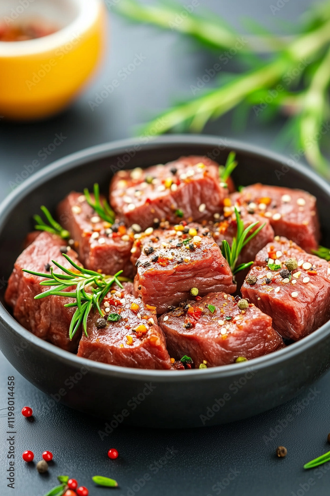 A bowl of meat with herbs and spices A bowl of meat with herbs and spices