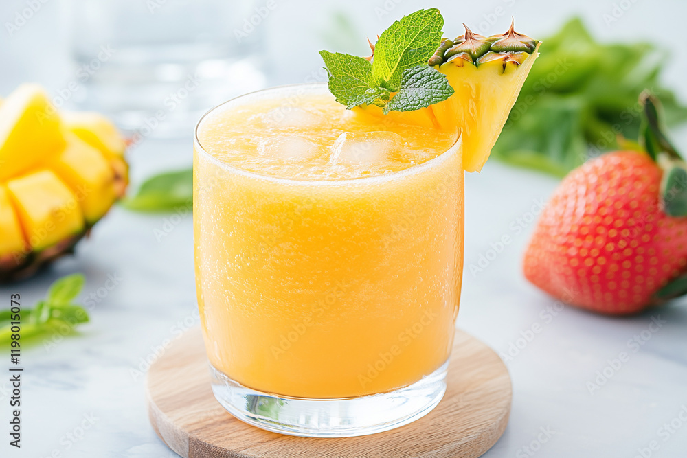 Fototapeta premium A glass of orange juice with a slice of pineapple and a sprig of mint on top