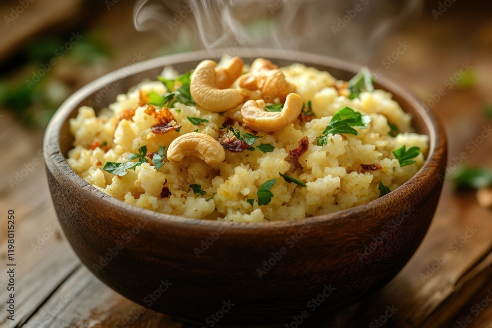 Steaming bowl of savory mashed potatoes, garnished with cashews and parsley. Steaming bowl of savory mashed potatoes, garnished with cashews and parsley.