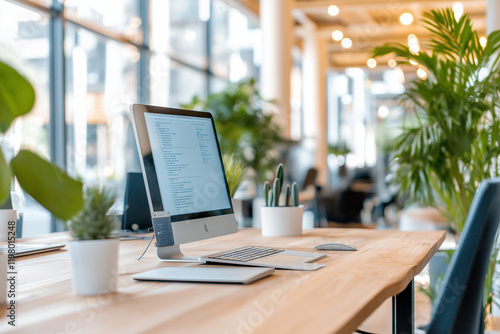 Wallpaper Mural A computer monitor sits on a wooden desk in front of a potted plant Torontodigital.ca