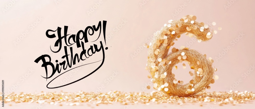 Naklejka premium Happy 6th Birthday Gold Glitter Number Six Celebration Image