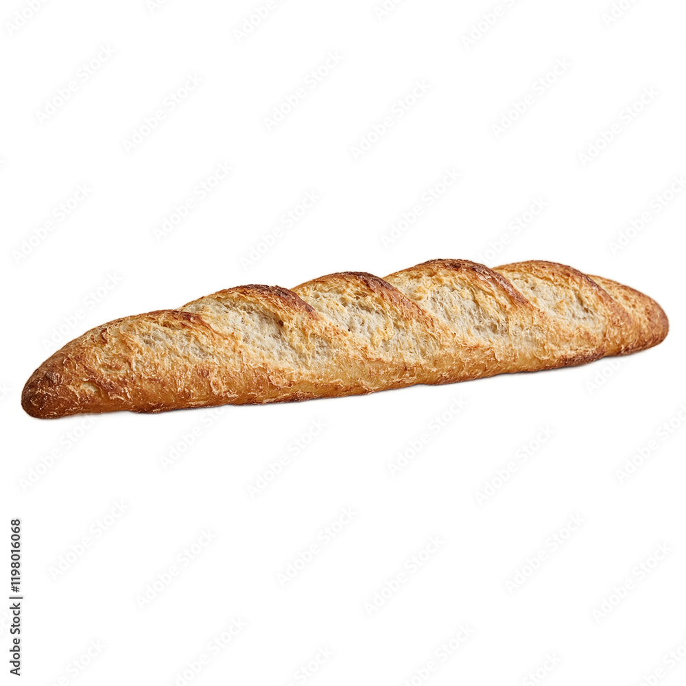 Freshly baked golden baguette on tan surface Freshly baked golden baguette on tan surface