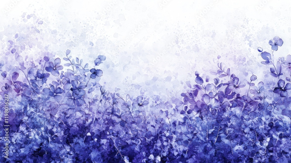 Obraz premium Watercolor painting of purple flowers and leaves on white background.