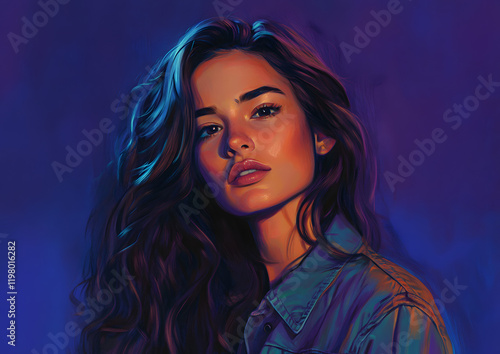Portrait of a Young Woman with Future Dusk Color Trends, Vibrant Lighting and Earthy Accents