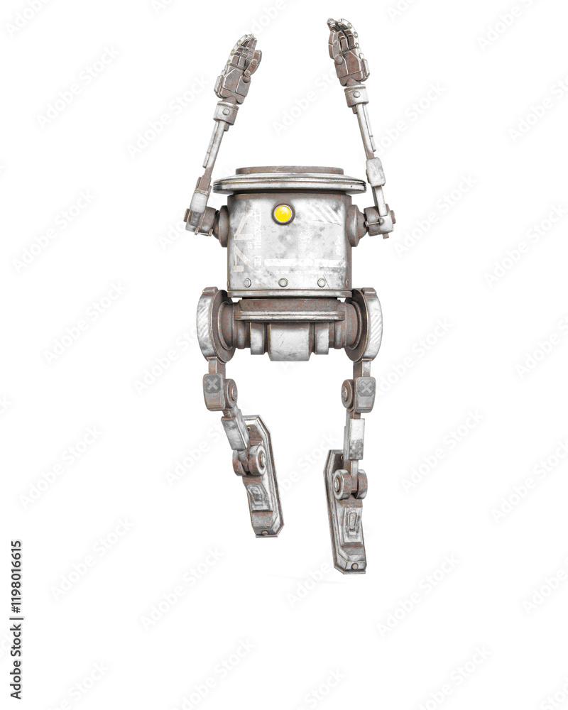 coolest robot is jumping up in white background on front view coolest robot is jumping up in white background on front view