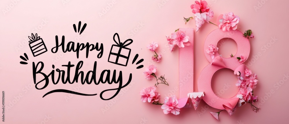 Naklejka premium Happy 18th Birthday Pink Floral Celebration Background