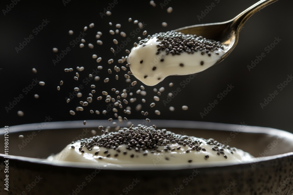 Obraz premium A spoonful of yogurt with black sesame seeds on top. The spoonful of yogurt is being scooped up and the black sesame seeds are falling out of the spoon