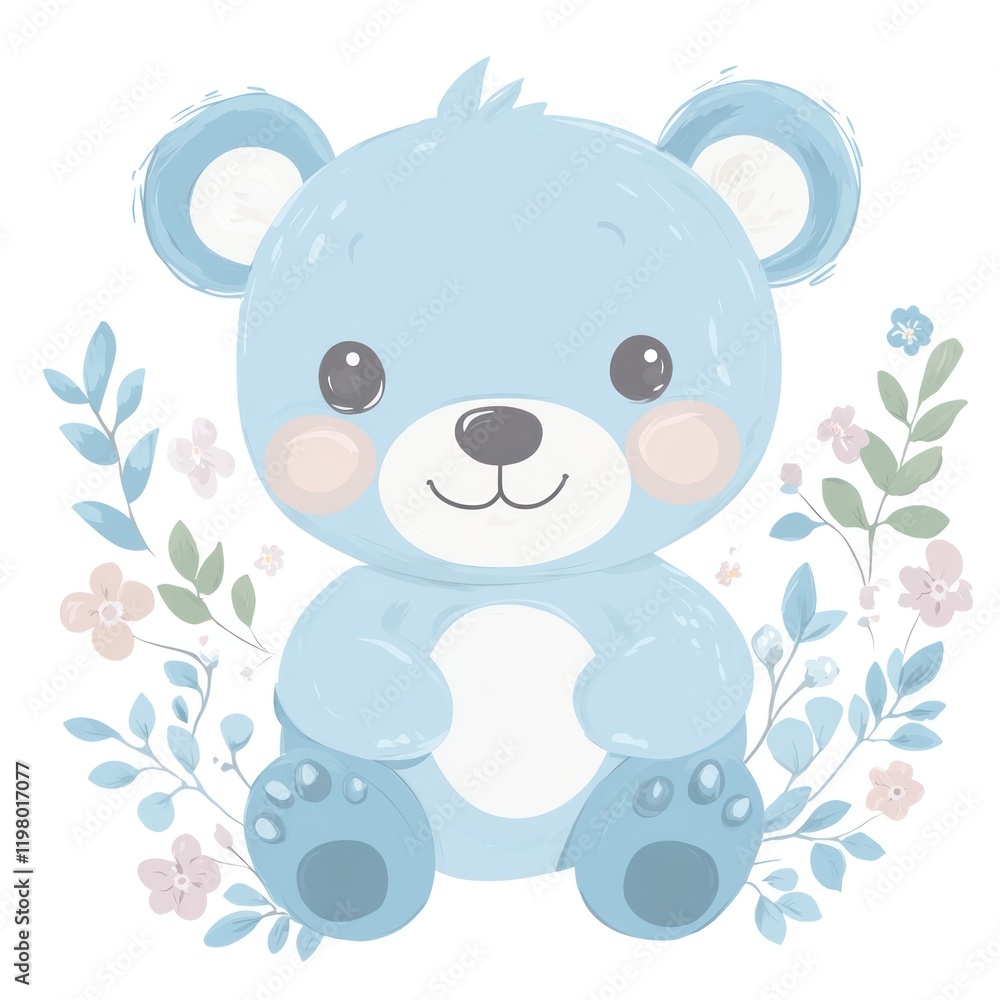 Fototapeta premium Cute blue teddy bear sitting amidst flowers; baby shower invitation