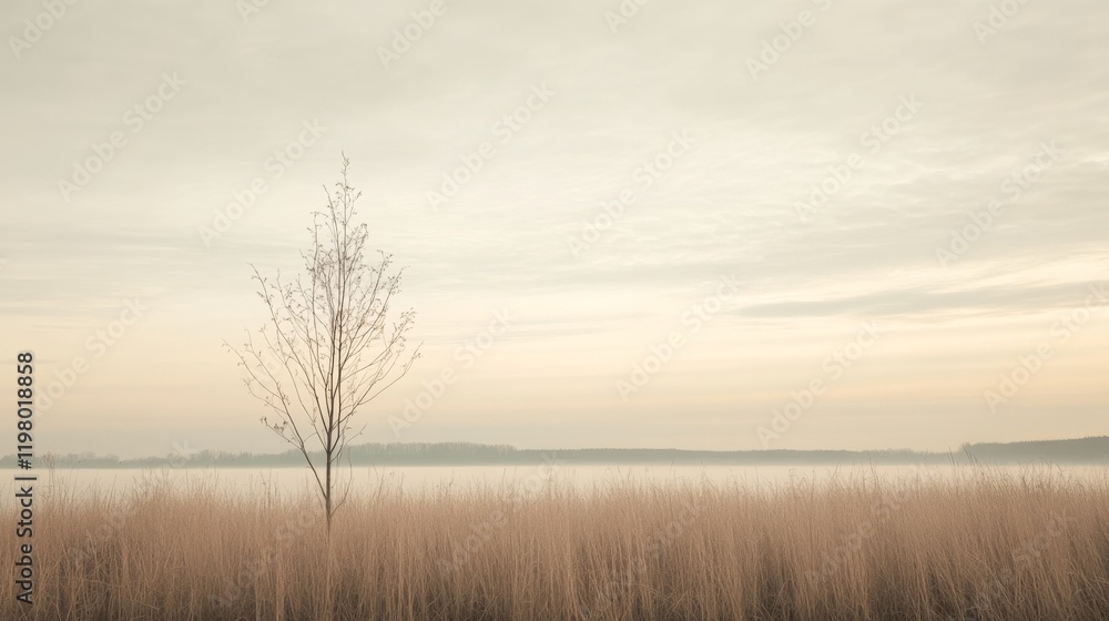 Solitary tree in misty field near calm water at dawn. Solitary tree in misty field near calm water at dawn.