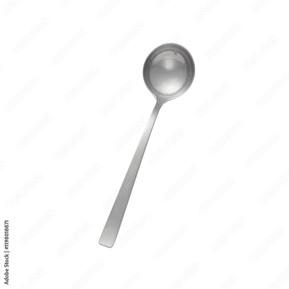 Shiny stainless steel soup ladle on gray surface Shiny stainless steel soup ladle on gray surface
