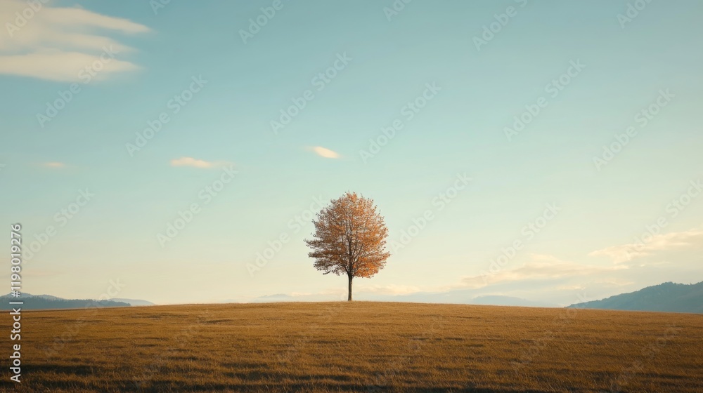 Solitary tree on a hill at sunset, autumnal colors.