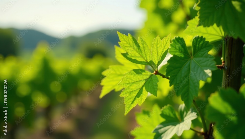 Delicate first spring leaves unfolding from a trellised vine in vineyard, grapes, vineyard landscape, green shoots Delicate first spring leaves unfolding from a trellised vine in vineyard, grapes, vineyard landscape, green shoots