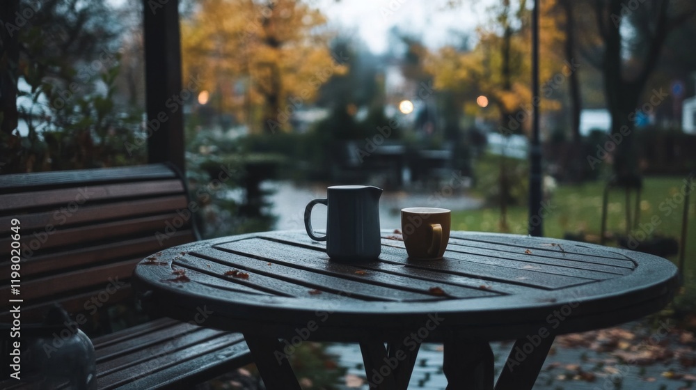 Fototapeta premium Two mugs on wet wooden table outdoors in autumn rain.