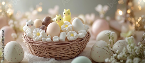 Basket with eggs, daisies, and cute figurines in pastel tones, concept of Easter decoration and joy, Easter