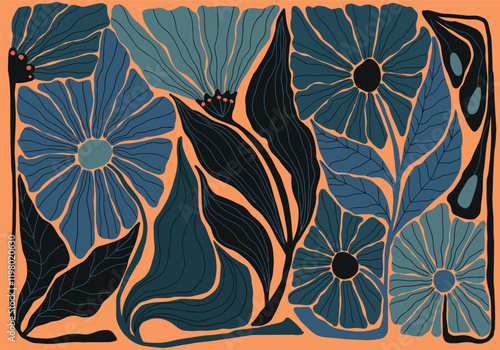 colorful floral ornament, minimalist style, mid century modern, old school, vintage illustration, wall art print	
