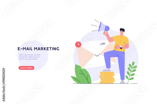 Person is using a megaphone to promote the benefits of email marketing. Concept of email marketing promotion, mail campaign, newsletter mail sending. Vector illustration in flat cartoon design. photo