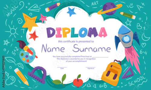 Colorful school and preschool diploma certificate for kids and children in kindergarten or primary grades with school pack, kit on turquoise background. Vector cartoon flat illustration