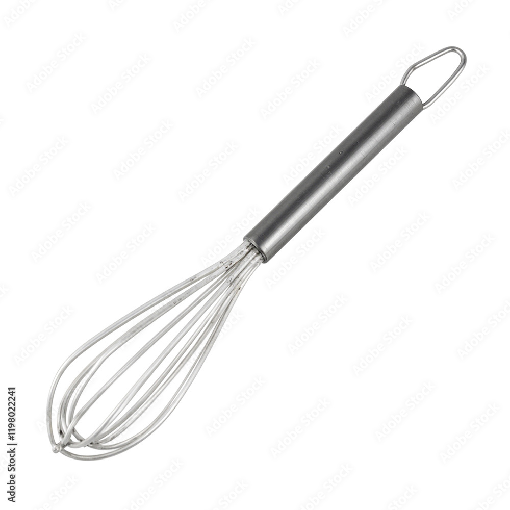 Shiny metal whisk with looped handle on white background Shiny metal whisk with looped handle on white background