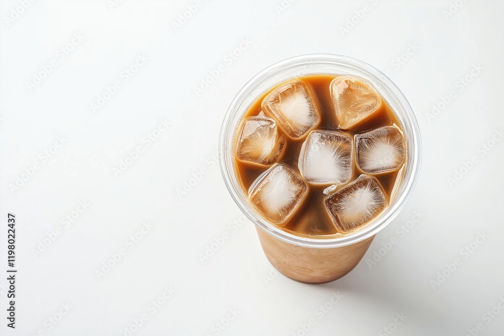 Takeaway plastic cup filled with iced coffee drink. Ice cubes visible inside. Top view on white background. Refreshing beverage ready to go. Takeaway coffee in transparent cup with brown paper cup. Takeaway plastic cup filled with iced coffee drink. Ice cubes visible inside. Top view on white background. Refreshing beverage ready to go. Takeaway coffee in transparent cup with brown paper cup.