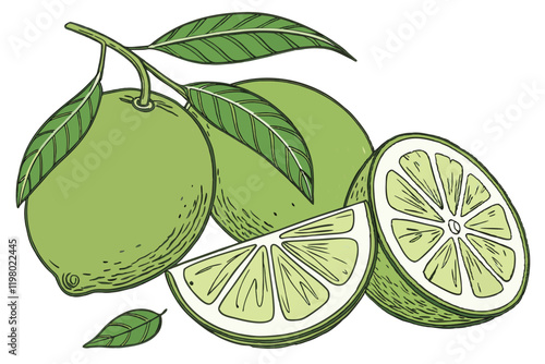 Photorealistic limes, vibrant green citrus, sliced lime wedges, whole limes with leaves, detailed fruit illustration, watercolor style, clean white background, fresh and juicy appearance, high-resolut