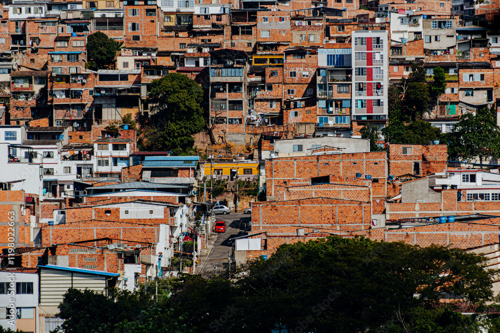 Fototapeta premium Photo showcasing favela-style homes in Floridablanca, with tightly packed brick and concrete structures cascading down a hillside