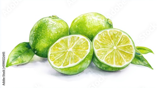 watercolor illustration of green lime pile heap isolated on white background