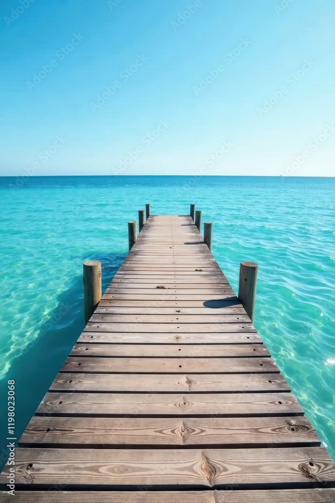 Rustic wooden dock extends into calm blue sea, bright sky backdrop , relaxation, turquoise, ocean Rustic wooden dock extends into calm blue sea, bright sky backdrop , relaxation, turquoise, ocean
