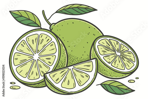 Photorealistic limes, vibrant green citrus, sliced lime wedges, whole limes with leaves, detailed fruit illustration, watercolor style, clean white background, fresh and juicy appearance, high-resolut