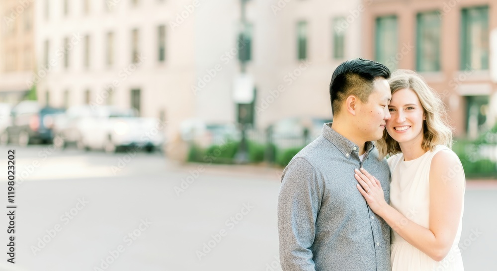 Fototapeta premium Man and woman are hugging on a street