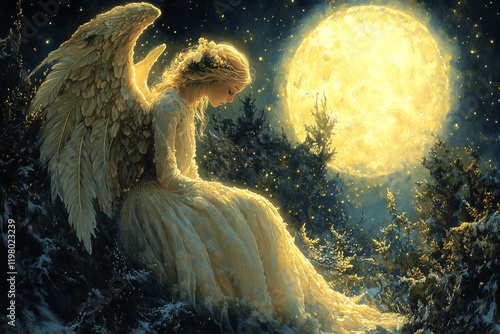 Beautiful young angel woman at night in the light of the moon. The white angel sleeps sitting up at night. Ai generative.