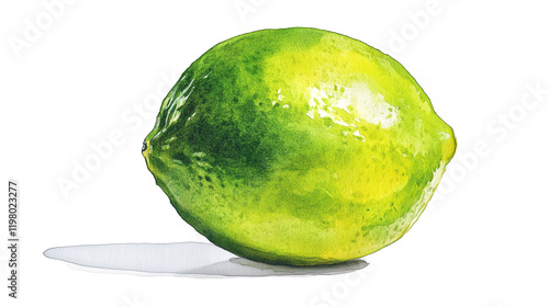 watercolor illustration of one single green lime lemon isolated on white background