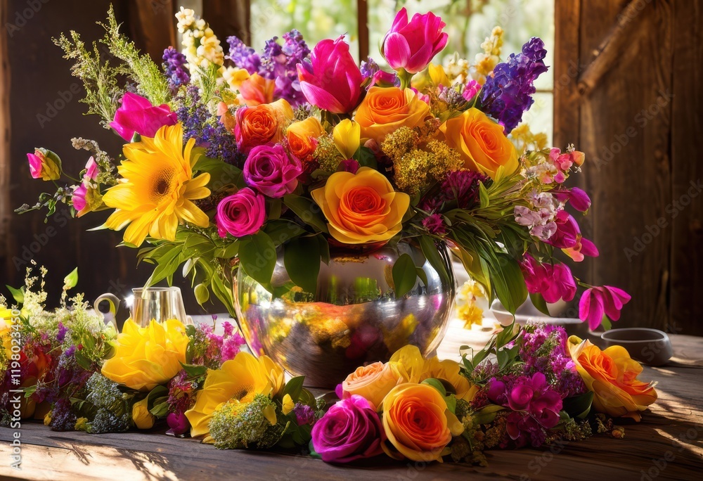 Obraz premium stunning vibrant flower arrangements boldly showcasing colorful essence spring lush petals breathtaking designs, bouquet, bloom, floral, garden
