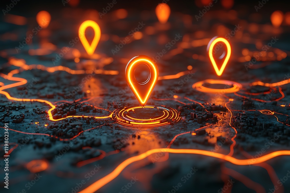 Glowing Map Interface with Location Markers Glowing Map Interface with Location Markers