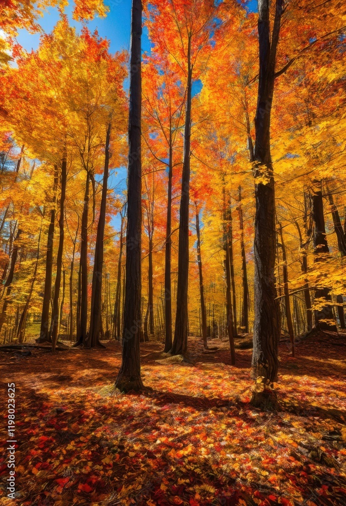 Obraz premium vibrant fall foliage displaying warm color palettes yellow brown under bright blue sky, autumn, leaves, orange, red, trees, forest, nature, season, park