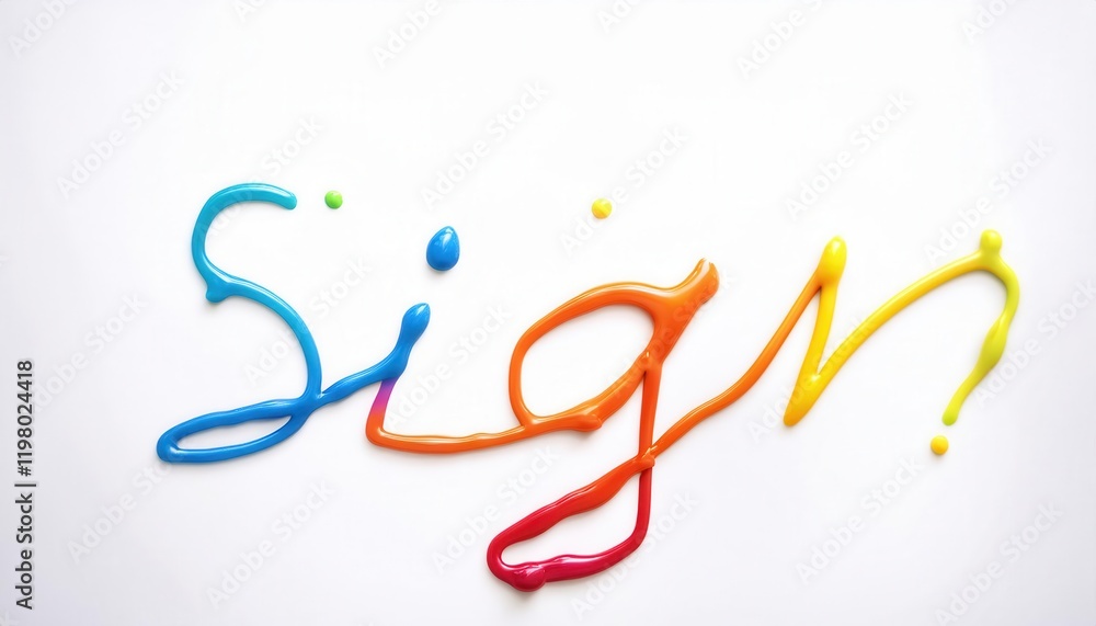 Vibrant Liquid Dripping Art: Colorful Sign on White Surface Vibrant Liquid Dripping Art: Colorful Sign on White Surface