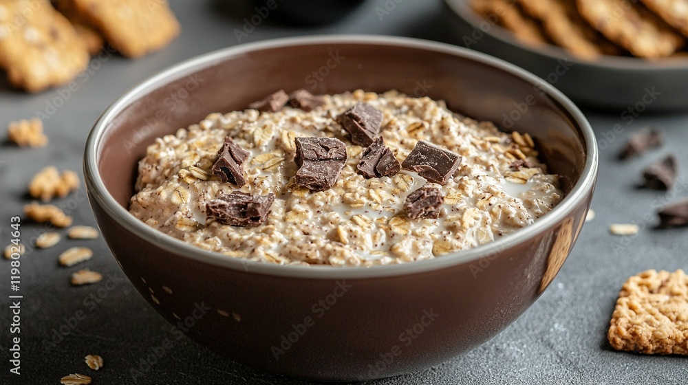 Oatmeal with chocolate chunks and graham crackers on a nearby table Oatmeal with chocolate chunks and graham crackers on a nearby table