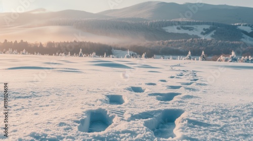 Animal tracks in foreground blurred mountains winter hiking trails photo