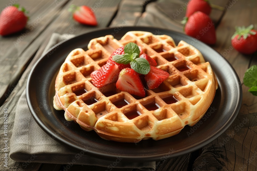 Round waffles topped with sliced strawberries, mint leaves and maple syrup on black plate sitting on rustic wooden table with linen napkin and fresh strawberries Round waffles topped with sliced strawberries, mint leaves and maple syrup on black plate sitting on rustic wooden table with linen napkin and fresh strawberries