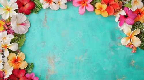 Colorful floral arrangement against turquoise background. Vibrant tropical flowers in various colors like pink orange white purple, green. Decorative border featuring flowers, tropical leaves. Floral