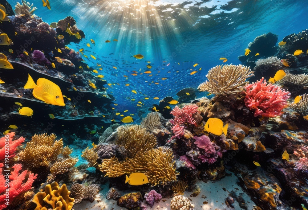 Obraz premium vibrant coral reef textures colorful fish swimming amidst lush marine life enchanting sea flora, ocean, undersea, habitat, aquatic, ecosystem, waters