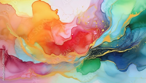 Vibrant and Whimsical Watercolor Abstraction, Swirling Colors Blending Harmoniously in an Artistic Dance of Emotion, Showcasing the Beauty of Hand Painted Expressionism. photo