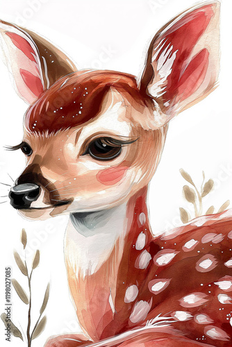 Cute fawn relaxing in nature watercolor painting