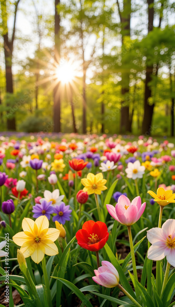 Fototapeta premium Vibrant spring flowers in a sunlit forest meadow 
