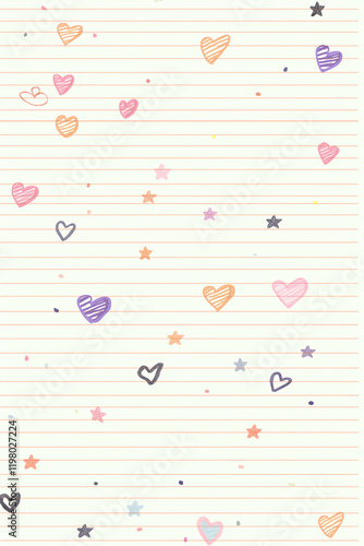 Colorful hearts and stars falling on lined paper background