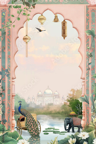 Peacock and elephant waiting in exotic mughal garden with taj mahal in background